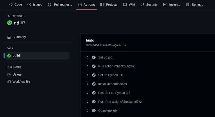 View of the actions tab after adding the CI step